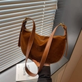 Dark brown suede half-moon crossbody bag with vintage gold buckle and leather strap - Brown