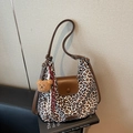 Retro leopard print tote bag with brown leather straps and cute plush bear charm - With Charm / Off-white