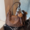Large leopard print tote bag with brown leather trim and cute plush bear charm - With Charm / Brown