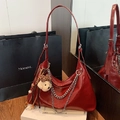 Retro deep red glossy leather hobo bag with silver chain and cute bear charm - With Charm / Red