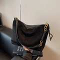 Retro black faux suede tote bag with golden chain strap and minimalist aesthetic - Black