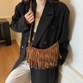 Brown suede crescent bag with long fringe tassels and bohemian style shoulder strap - Brown