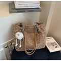 Brown teddy fleece tote bag with chain strap and cute plush charm in chic setting - Khaki