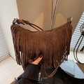 Brown suede crescent bag with boho fringe details and adjustable shoulder strap - Coffee