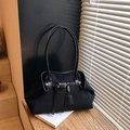 Retro black matte suede tote bag with decorative buckle and slim shoulder straps - Black