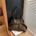 Deep olive green faux suede tote bag with minimalist strap buckle and slim shoulder handles - Green