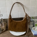 Retro dark brown suede crescent shoulder bag with smooth leather trim and knot detail - Brown