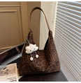 Hobo leopard print faux suede shoulder bag with cute cloud plush charm and brown strap - Brown