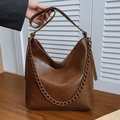 Retro brown large capacity bucket bag with chain strap and adjustable shoulder belt - Brown
