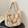 Chic off-white faux fur tote bag featuring a cute character pendant with pearl necklace - Cream White With Pendant