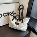 White quilted down puffer tote bag with black leather handles and fashion logo patch - Off White