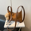 Brown leopard style crossbody bag in suede and leather with teddy bear charm - Brown