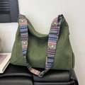 Dark green corduroy tote bag with ethnic sun pattern wide strap and large hobo style - Green