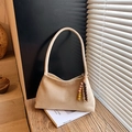 Beige suede shoulder bag for women with ethnic style wooden beaded charm detail - Khaki