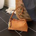 Vintage caramel brown suede underarm bag with bohemian beaded charms and slim strap - Brown