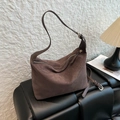Dark brown suede dumpling shoulder bag with adjustable leather strap in retro style - No Pendant / Brown