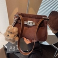 Vintage dark brown suede satchel with silver twist lock and plush puppy charm - With Charm / Coffee