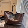Deep brown large capacity faux leather tote bag with elegant thin shoulder straps - Brown