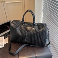 Black woven texture travel bag with dual handles and adjustable nylon shoulder strap - Black