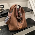 Brown suede tote bag with floral print straps and drawstring closure in soft structure - Brown