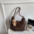 Vintage leopard print hobo bag with brown leather flap and cute plush bear charm - Leopard Print Brown With Pendant