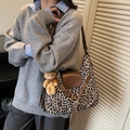 Leopard print tote bag with brown leather flap and plush bear charm for autumn style - Leopard White With Charm