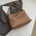 Brown pleated hobo shoulder bag with buckle straps for commute and office wear - Khaki