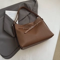 Vintage dark brown pleated tote bag with silver buckle and adjustable shoulder strap - Brown