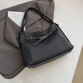 Classic black tote bag with vertical pleated texture and metal buckle detail for office - Black