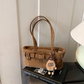 Brown faux suede tote bag with decorative buckle and plush charm on art books - With Charm / Brown