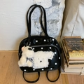 Schwarze gepunktete Schultertasche mit weißem Plüschhund-Aufnäher und Anhänger - Schwarz mit Anhänger
