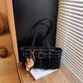 Vintage black suede tote bag with contrast stitching and golden buckle detail - With Charm / Black