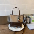 Retro two-tone leather tote bag in dark brown and tan with adjustable shoulder strap - Khaki With Pendant