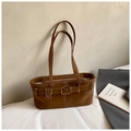 Detail of a brown suede tote bag with white contrast stitching and a golden buckle strap - No Pendant / Brown