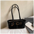 Retro black matte leather shoulder bag with white contrast stitching and gold buckle - No Pendant / Black