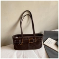 Retro dark brown suede underarm bucket bag with contrast stitching and gold buckle - No Pendant / Brown
