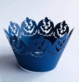 Dark blue laser-cut Halloween cupcake wrapper featuring a hollow pumpkin smiling face design - Royal Blue