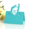 Detail of laser-cut heart Mr & Mrs wedding place card in elegant tiffany blue cardstock - Tiffany Blue