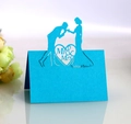 Detailed laser-cut blue wedding table card featuring Mr & Mrs silhouette and heart design - Sky Blue