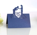 Detail of laser-cut Mr & Mrs navy blue glitter place card for wedding table decor - Sapphire Blue