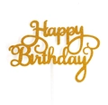 Glittering golden Happy Birthday cake topper with elegant hollowed laser-cut lettering - Glitter Minimalist Happy Birthday (CK-7)