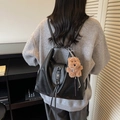 Matte black PU leather backpack with tassel drawstring and brown plush bear charm - Black with Pendant
