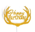 Detailansicht goldener Glitzer Happy Birthday Kuchendeckel mit Rentiergeweih-Design - Alles Gute zum Geburtstag Geweih Gold (Einsatz-5)
