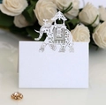 Détail du marque-place éléphant blanc nacré découpé au laser pour mariages avec paillettes - Blanc