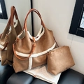 Brown faux suede tote bag with white faux shearling trim and matching pouch set - Brown