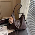 Deep brown vintage leather hobo bag with metal flower buckle and plush puppy charm - Coffee with Pendant