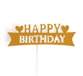 Detailed close-up of golden glitter Happy Birthday cake topper with laser-cut heart accents - Glitter Double Layer Happy Birthday Hearts (CK-8)