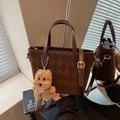 Brown suede tote bag with diamond stitching, leather trim, and cute plush bear charm - Coffee with Pendant