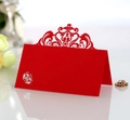 Elegant red laser cut crown wedding place card with intricate floral hollow design - Pearlescent Red