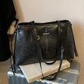Vintage black leather tote bag with metallic logo plaque and slender shoulder straps - Black